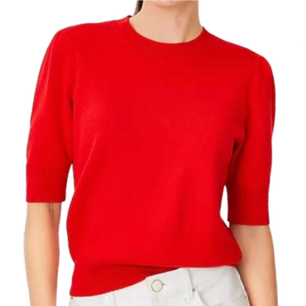 Ann Taylor Crew Neck Cotton Blend Half Sleeve Sweater SP Red
